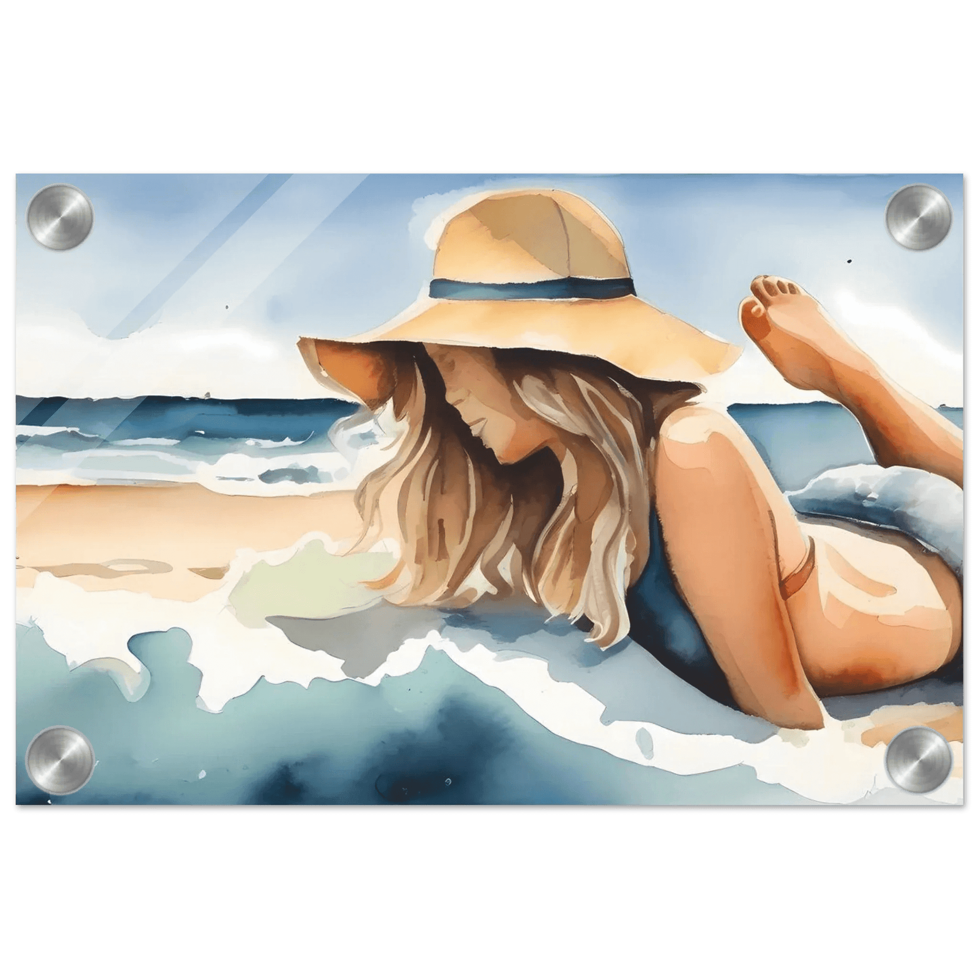 Beach Serenity wall art poster with watercolor woman in hat reclining on the beach