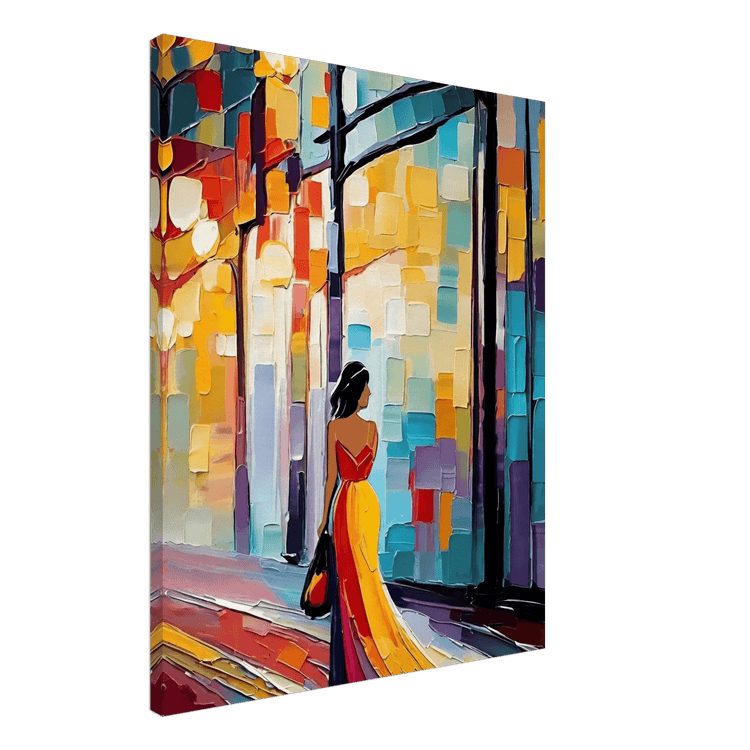 Abstract framed wall art: woman in red-and-yellow dress by colorful city buildings