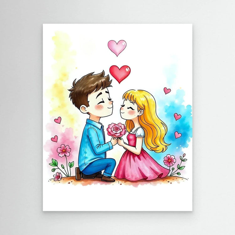 Love wall print of two children holding a rose with pink hearts