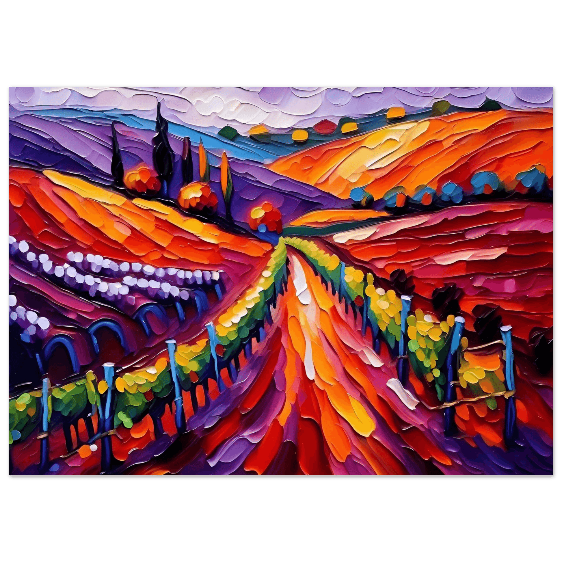 Abstract textured landscape canvas with purple, orange, and red rows and hills