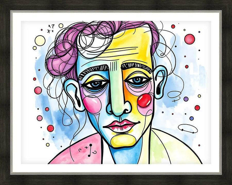 Framed abstract portrait print with colorful face, curly hair, and swirling lines