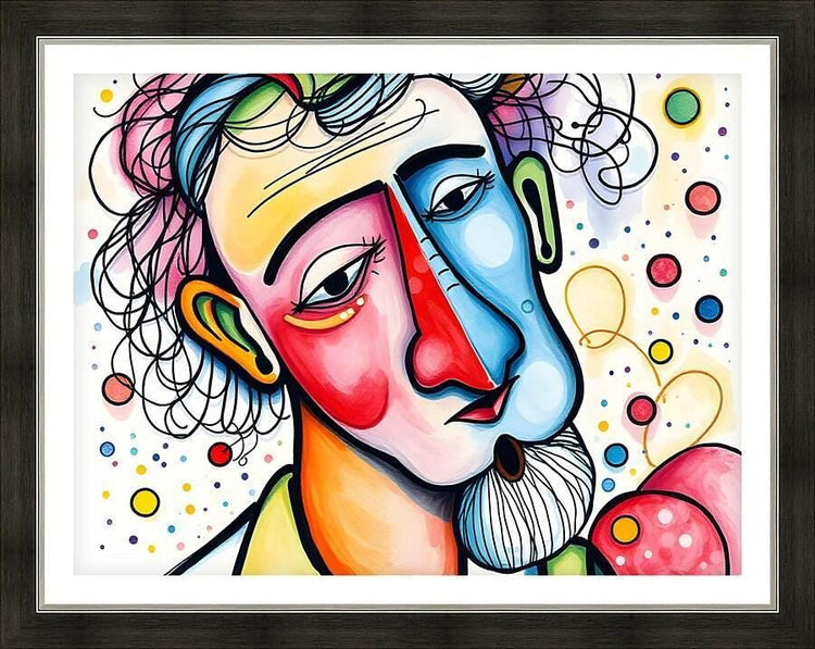 Framed abstract portrait artwork with two colorful faces, curly hair, and dot splatter