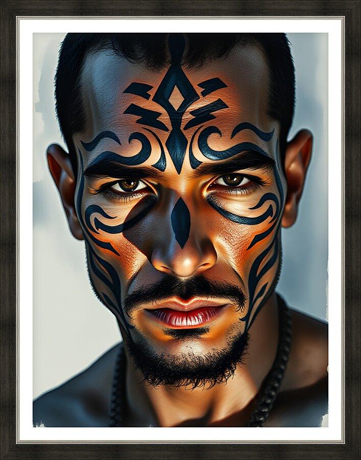 Framed tribal portrait artwork of a man with blue and orange stylized face markings.