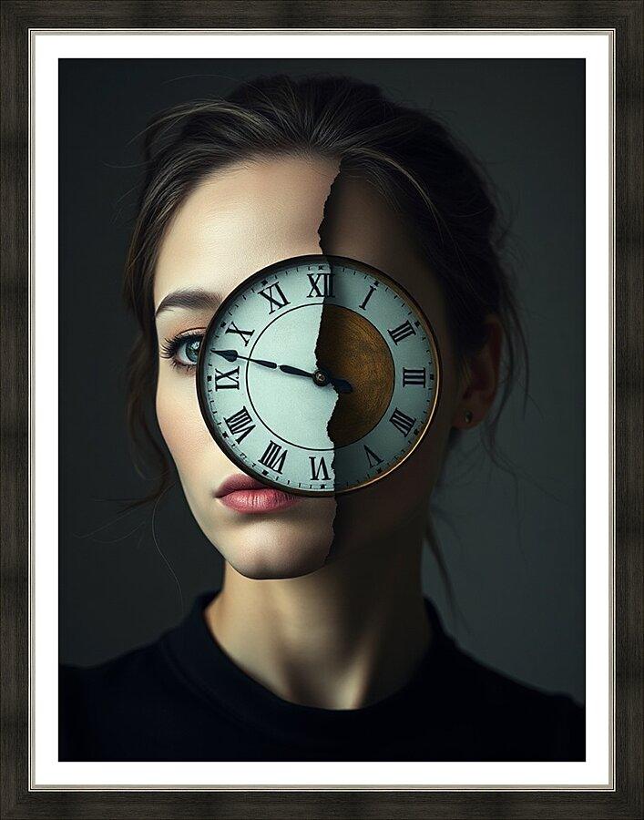 Framed surreal portrait wall art in dark border: woman’s face with clock overlay.