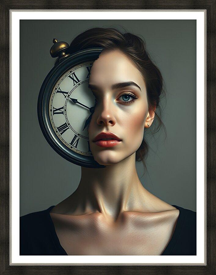 Framed portrait artwork of a woman with a black clock behind her head