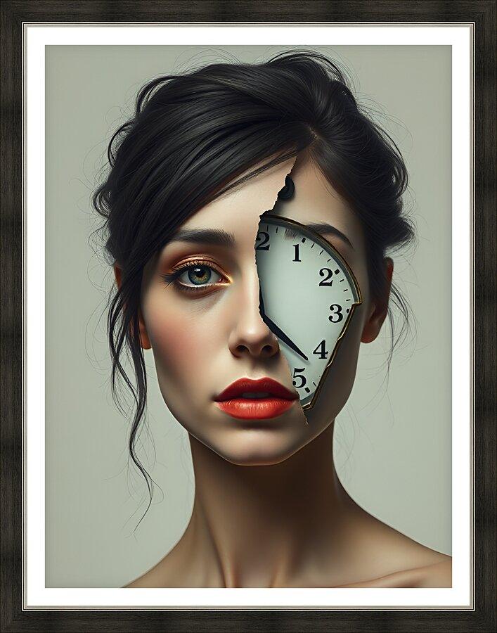 Framed contemporary portrait wall art of a woman with a clock graphic overlaying her face