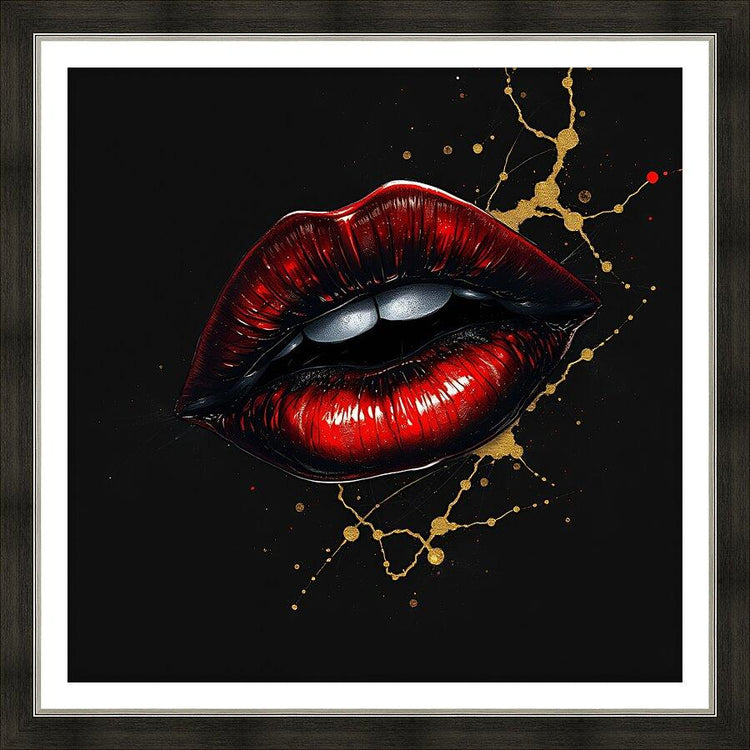 Framed red and black lips wall art with gold chain and bead details