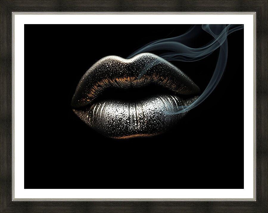 Framed metallic silver lips art print on dark background, close-up