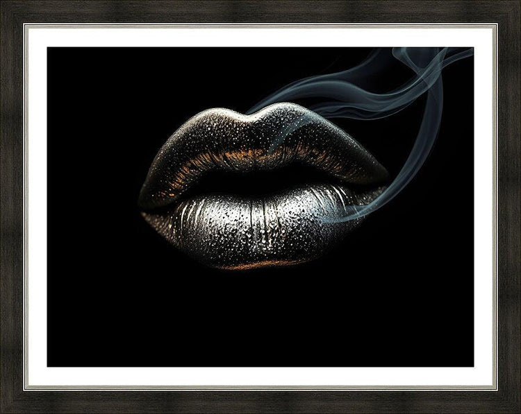 Framed metallic silver lips art print on dark background, close-up