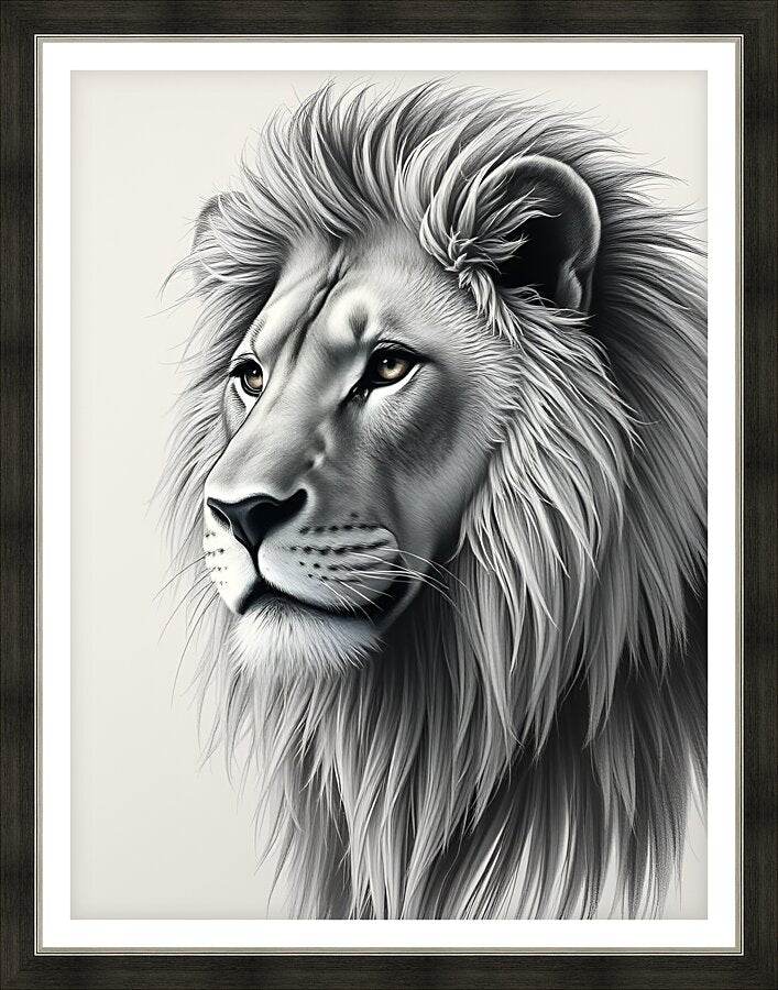 Framed monochrome lion portrait print with close-up mane and face