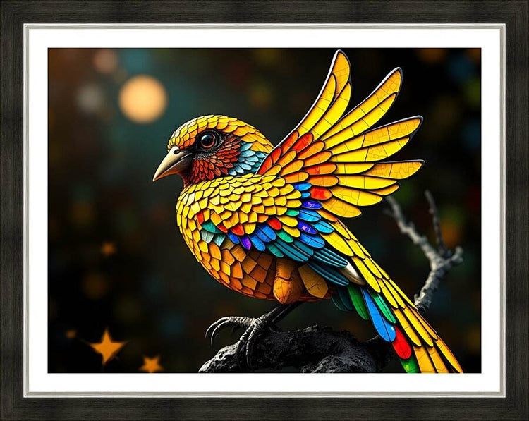 Framed stained-glass style bird wall art with colorful mosaic wings and head