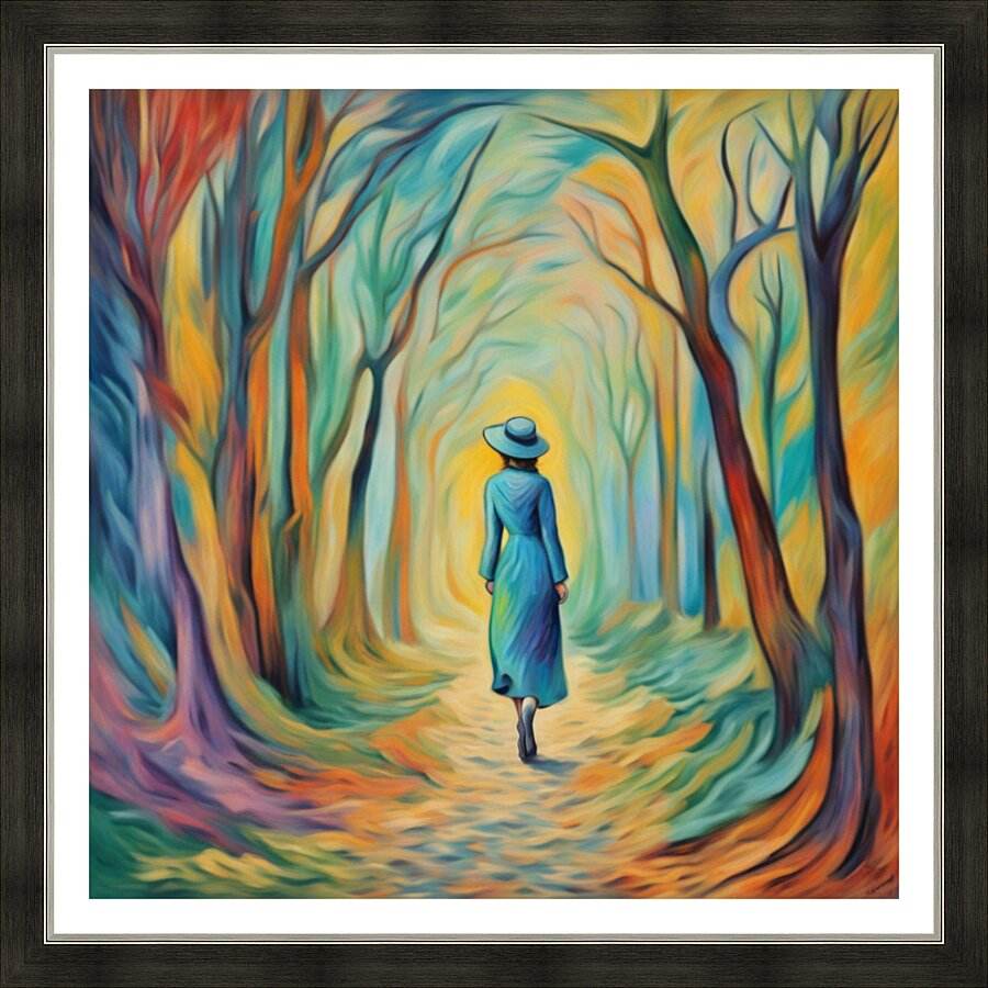 Framed impressionist forest landscape print with a woman in blue dress and hat walking through trees