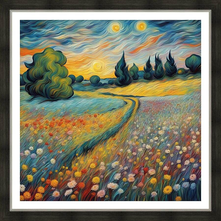 Framed landscape wall art with colorful wildflowers, winding path, and swirling sky