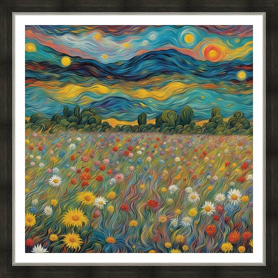 Framed landscape art print with swirling blue mountains and colorful wildflower field
