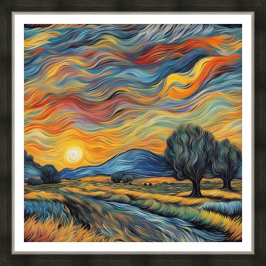 Framed landscape artwork with swirling multicolor sky, sun, and tree silhouettes