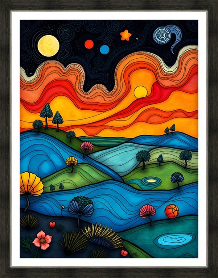 Framed abstract landscape print with moon, stars, layered hills, and colorful flowers.