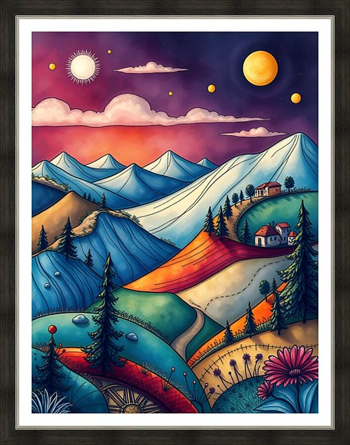 Close-up of framed abstract landscape wall art with blue mountains, sunset colors, planets