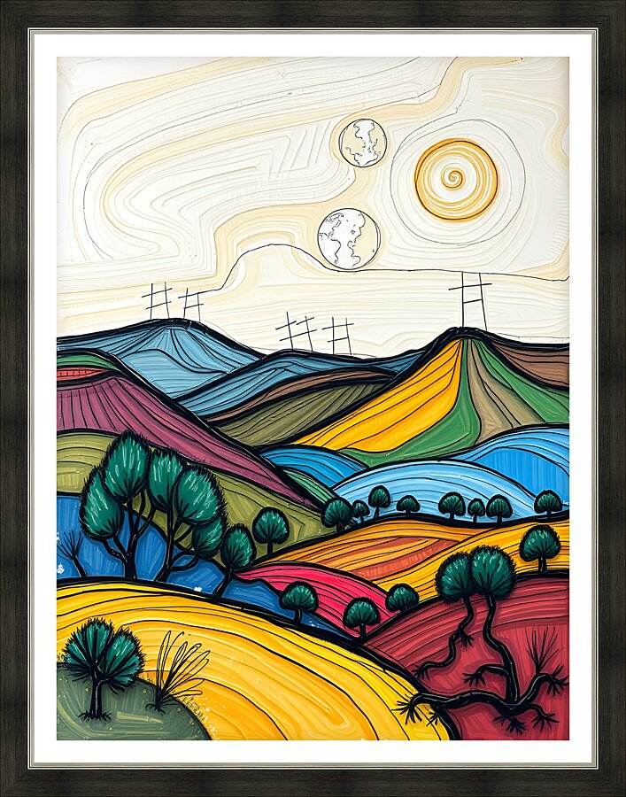 Framed colorful abstract landscape with layered hills, spiral sun, and dark green trees