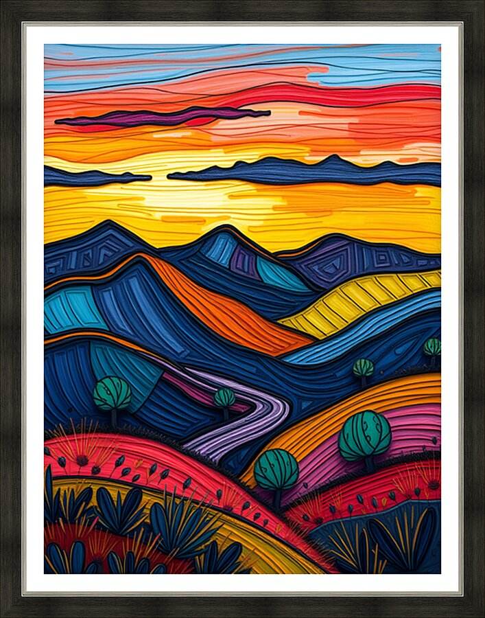 Framed abstract landscape close-up with rainbow sky stripes, layered hills, and green cacti.
