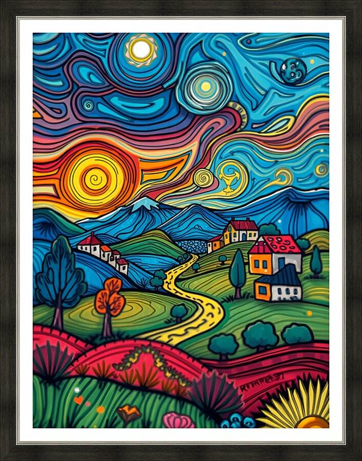 Framed abstract landscape print with swirl clouds, road, and houses in vivid colors