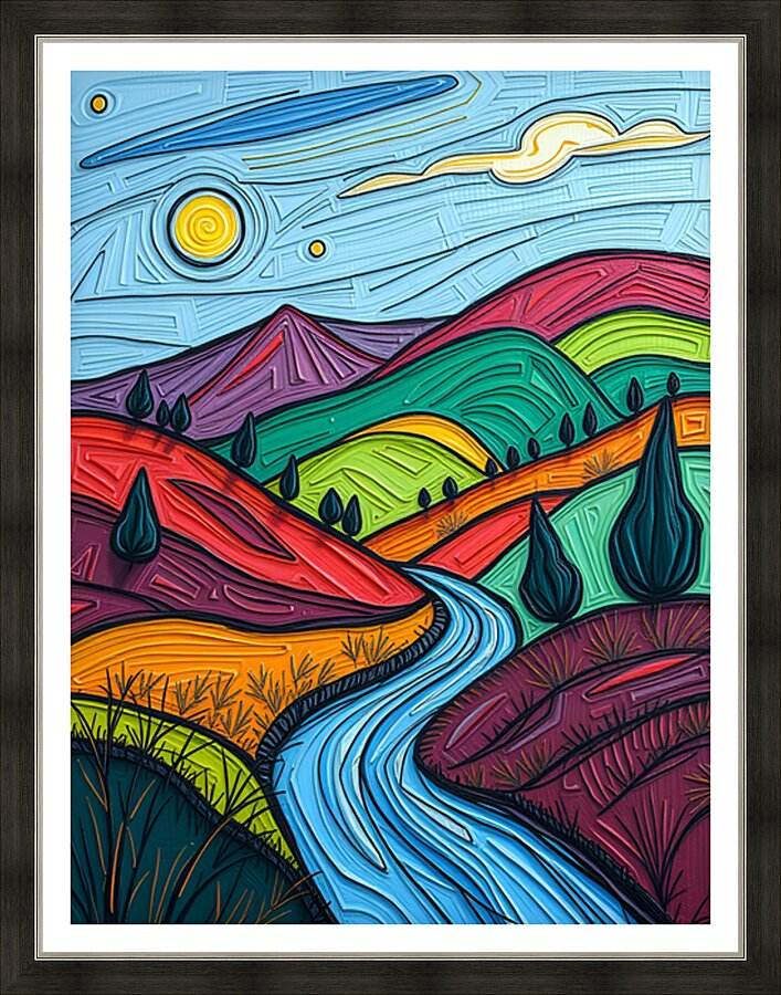 Framed abstract landscape print with bright blue sky, colorful mountains, and winding river.