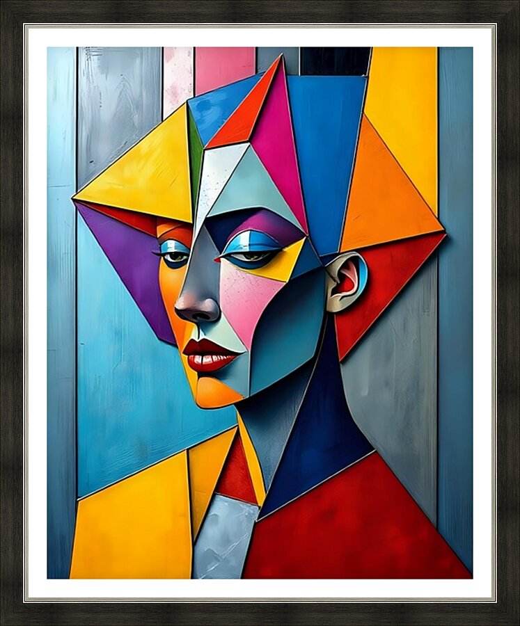 Framed geometric portrait wall art with bold angular multicolor face