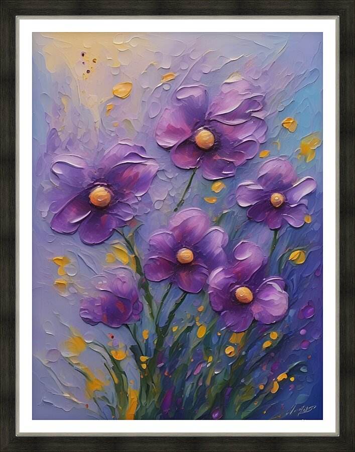 Framed textured floral wall art with purple 3D-style flowers and yellow accents