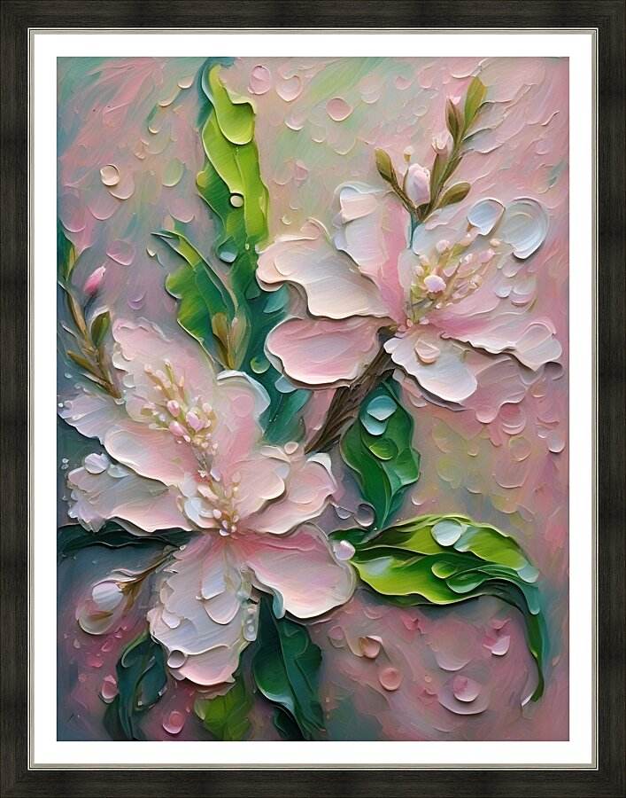 Framed floral wall art with pink blossoms, green leaves, and raised textured petals