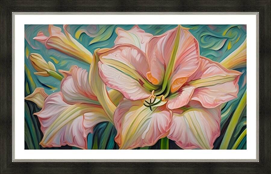 Framed floral wall art with large pink and white blossoms on teal-blue background