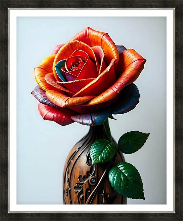 Framed floral rose wall art with multicolor metallic-style petals and green leaves