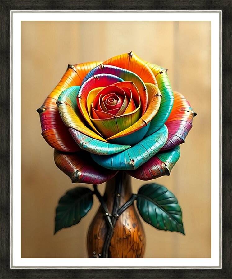 Framed metallic rainbow rose wall art with layered petals and green leaves