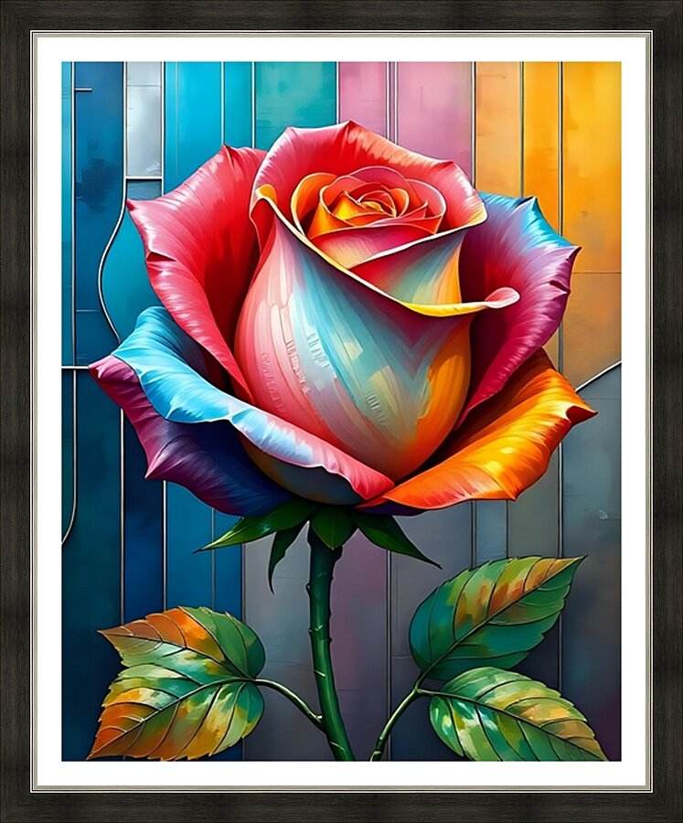 Framed stained-glass rose with rainbow petals and green leaves