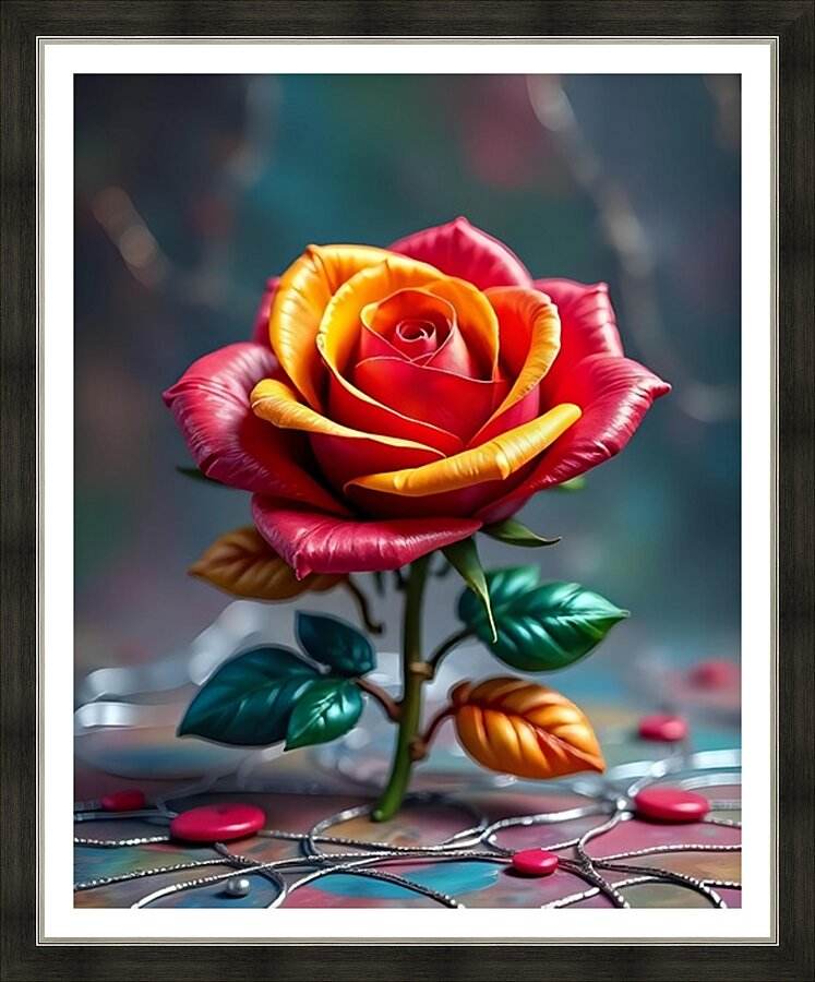 Framed artwork of a colorful rose with glossy red, yellow, and pink petals and green leaves