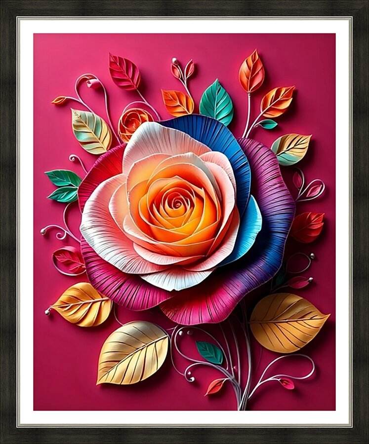 Framed paper-quilled rose wall art with orange, blue, and pink layered petals and leaves