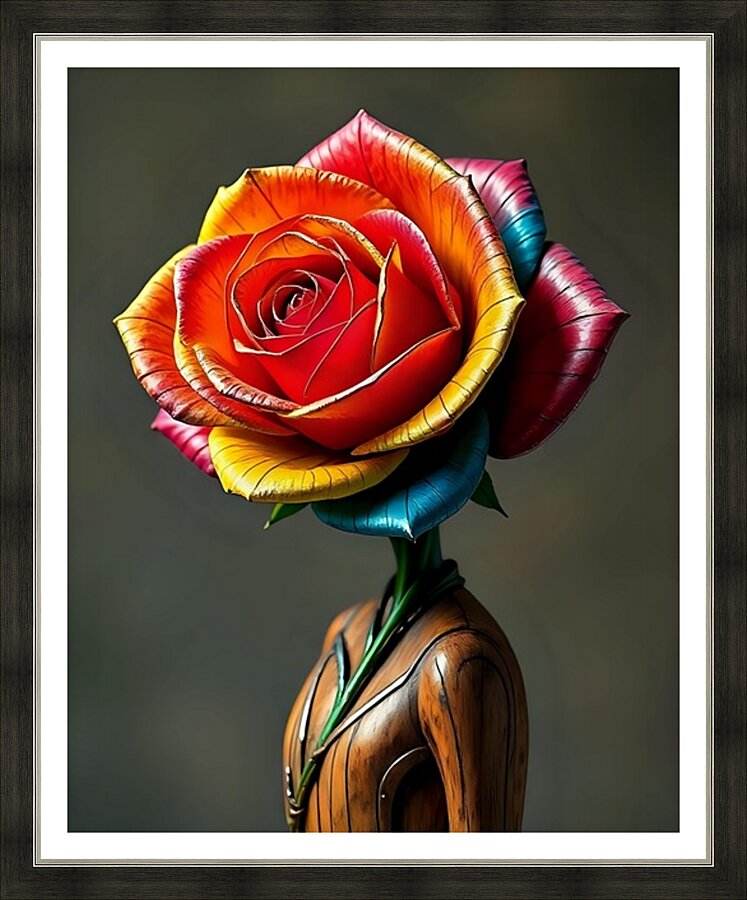 Framed wall art with a metallic rainbow rose and sculptural petals