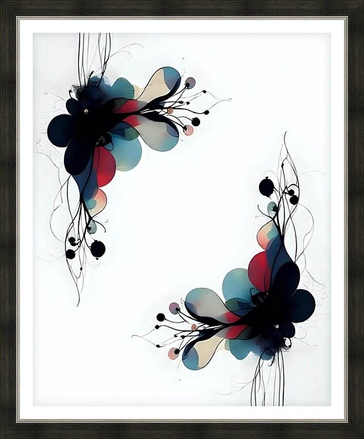 Framed abstract floral wall art print with dark blue, black, red, and teal diagonal blooms