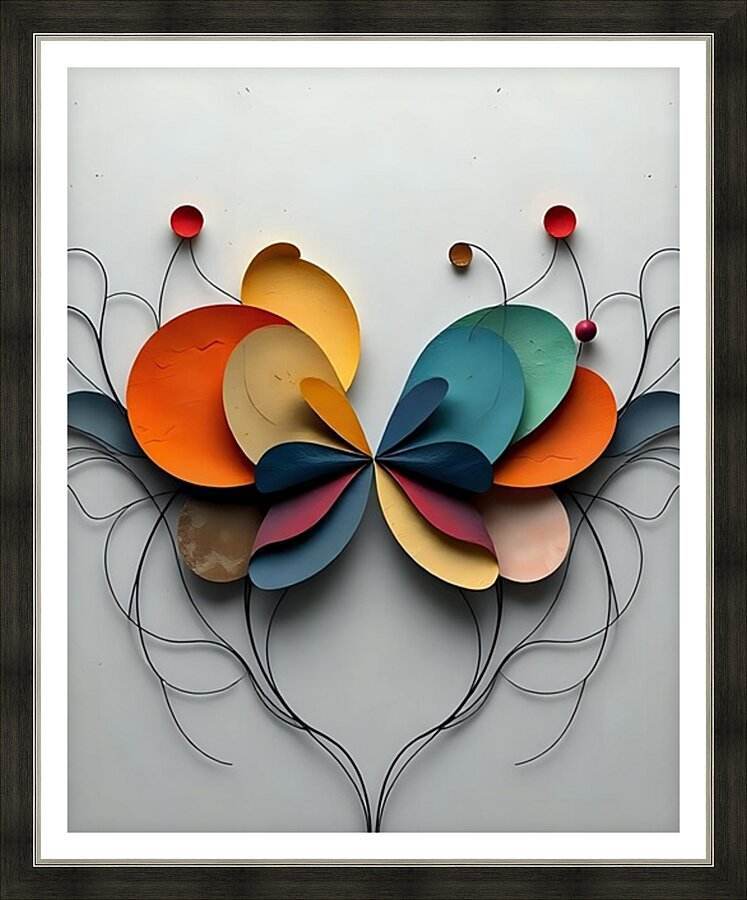 Framed abstract floral wall art with layered colorful petals and dark curving stems
