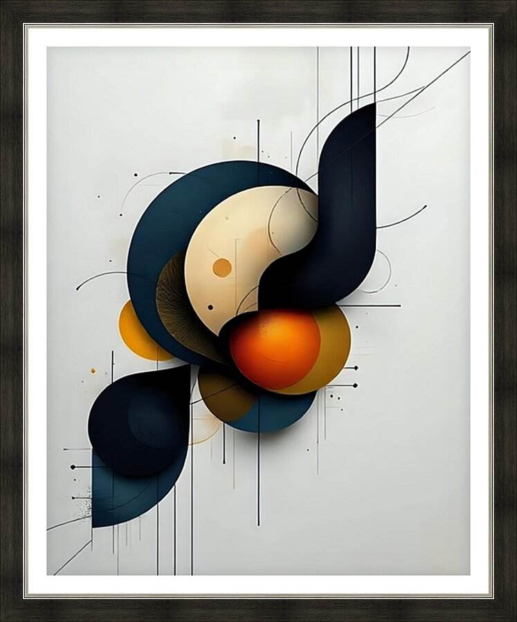Abstract geometric wall art print with blue and orange circular shapes in a frame