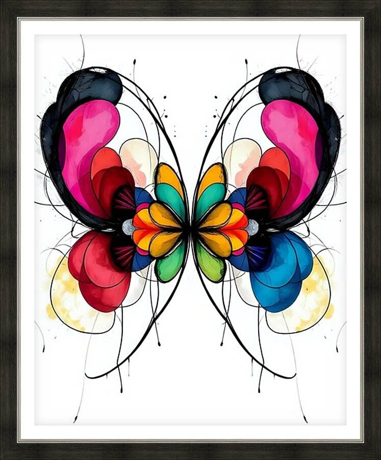 Framed abstract butterfly art with symmetrical black outlines and pink, red, yellow, blue wings