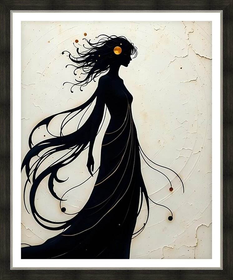 Framed silhouette woman wall art with flowing black hair and warm orange face accent