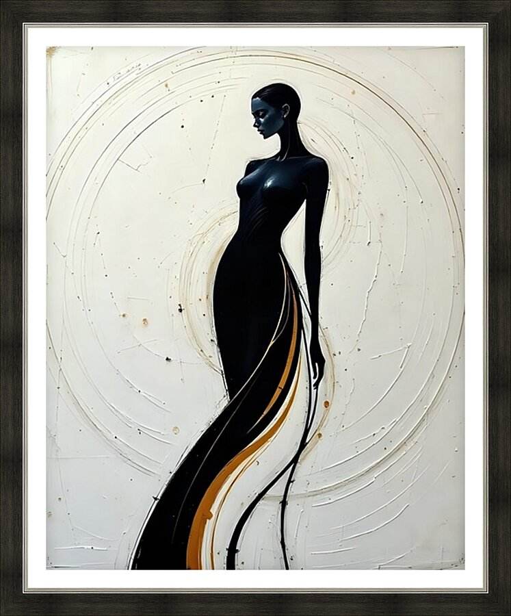 Framed sculptural figure print of a black woman silhouette profile with gold accent stripe.
