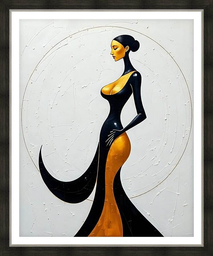Framed poster art showing a stylized woman in black and gold dress, side profile