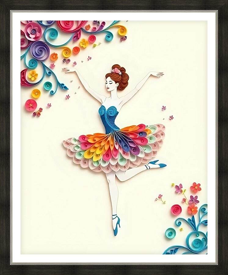 Framed quilled paper ballerina artwork with colorful tutu and floral details
