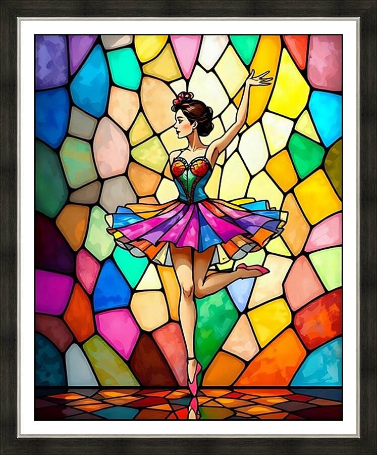 Framed stained-glass style ballerina art print with colorful mosaic tiles