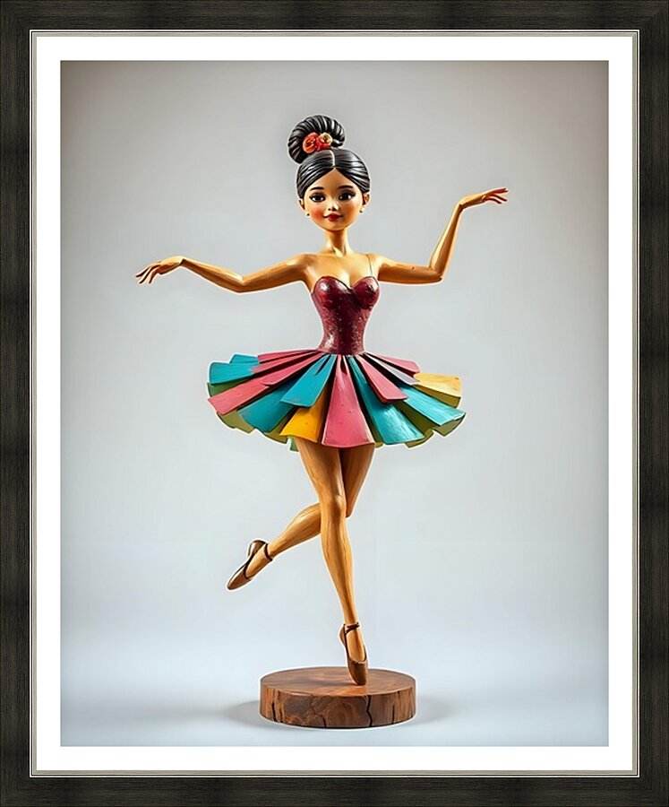 Framed ballerina wall art of dancer in maroon leotard with multicolor tutu on wooden base