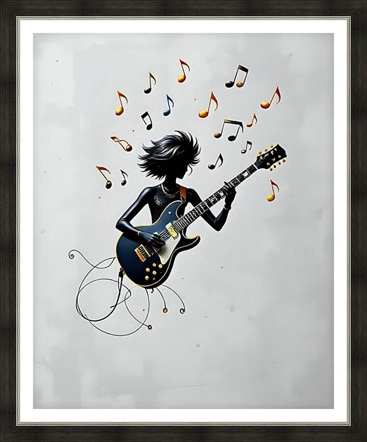 Framed wall art print of a guitarist silhouette holding a blue electric guitar with floating music notes