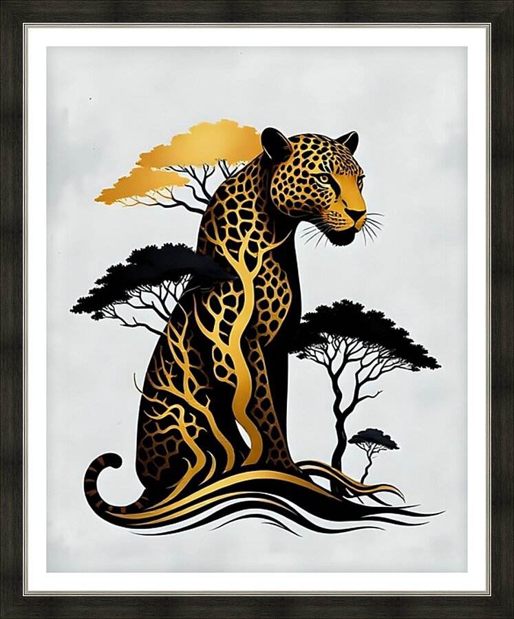 Framed wildlife art print featuring stylized golden jaguar with tribal tree silhouettes