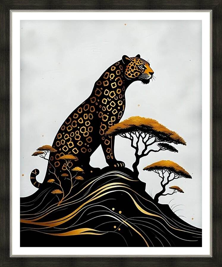 Framed wildlife art print with stylized leopard, trees, and swirling lines in black and gold