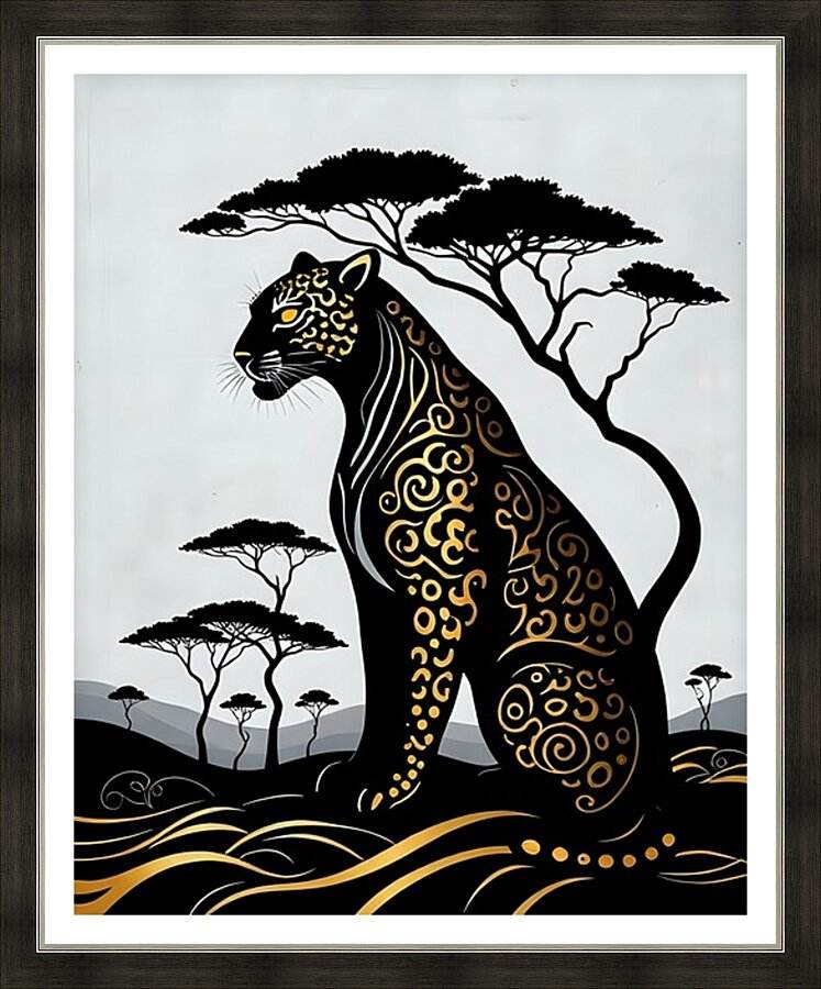 Framed art print of a black and gold leopard in a savanna tree scene