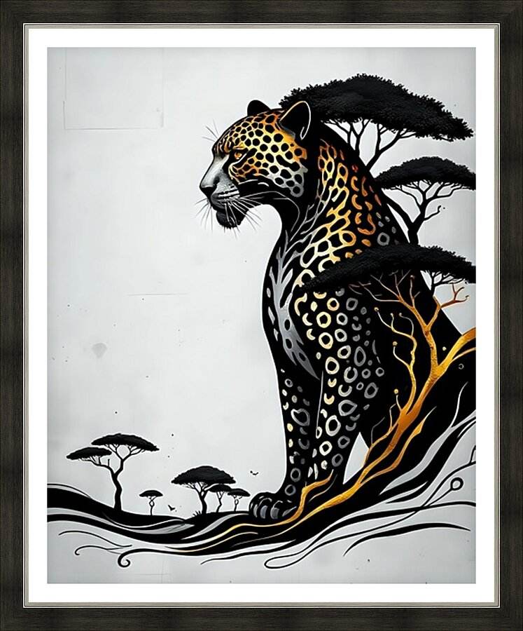 Framed stylized jaguar wall art, black and gold spots with African trees